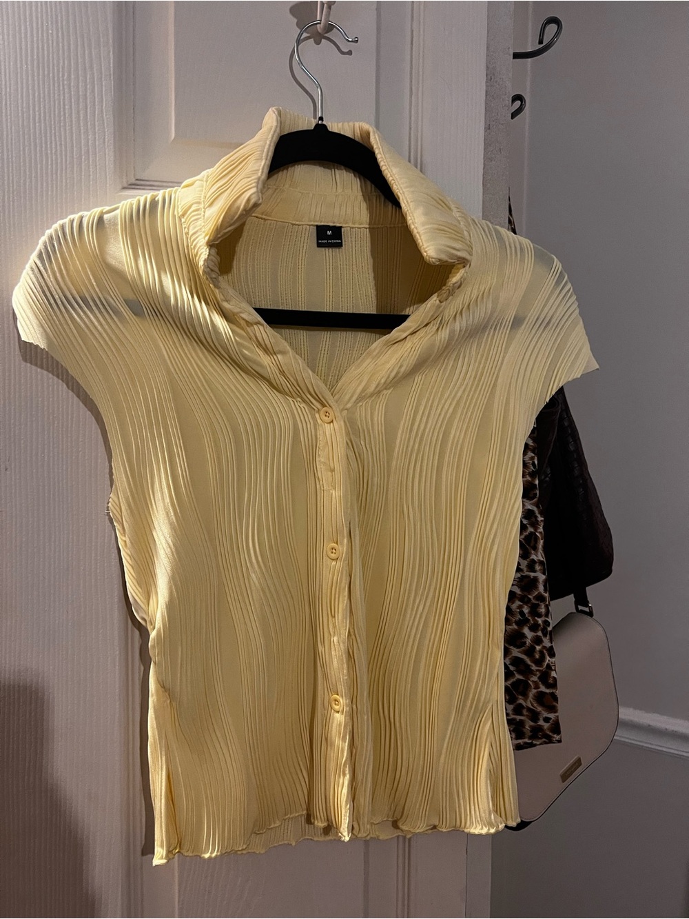 SHEIN Pale Yellow Pleated Button-Down Shirt